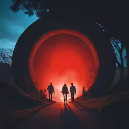 people are standing in the middle of a red thing