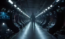 a man is standing in a dimly lit room with large pipes