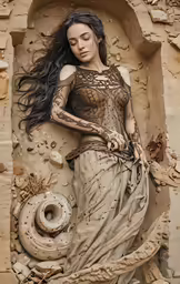 an intricately adorned woman on the side of a cave