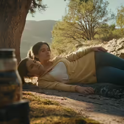 two women laying by a tree in the wilderness