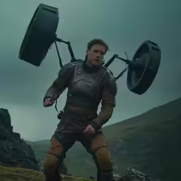a man standing with two metal objects behind him