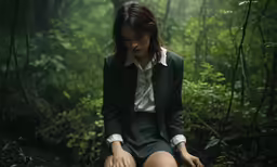 woman in business attire kneeling on a rock in the middle of forest