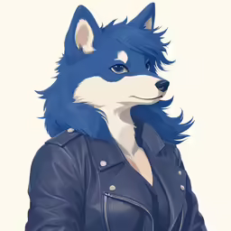 a blue and white wolf wearing a jacket