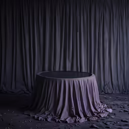 a table sitting in front of curtained drapes