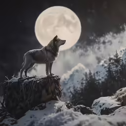 the lone wolf stands on top of a fallen tree stump in front of the moon