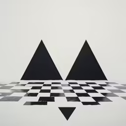 two black triangles sitting on top of a tiled floor