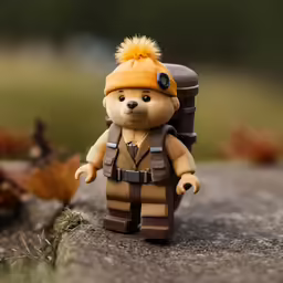 a lego bear with a yellow hat and a backpack on top