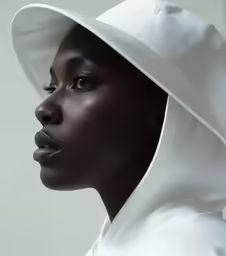 a woman wearing a hat and white coat