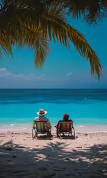 two lawn chairs in the sand under a palm tree