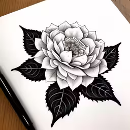white flower with black leaves on top of it,a drawing of a flower sitting on top of a book