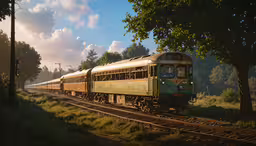 a train traveling down tracks next to trees,a long train engine carrying carts down a track