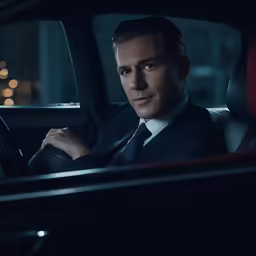a man is sitting inside his car at night