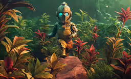 the strange robot is walking in the jungle
