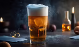 a close up of a glass of drink on a table