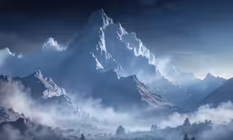 a mountain range is shown with snow in the clouds