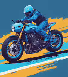 a man riding on the back of a blue motorcycle,painting of a motorcycle rider in blue on a blue and yellow background