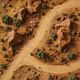 some plants on a dirt road in the middle of the desert