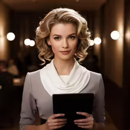 a beautiful blond woman holding a black tablet
