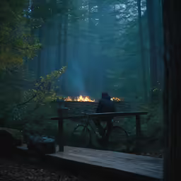 a woman sits on a bench next to a fire pit in the middle of a forest