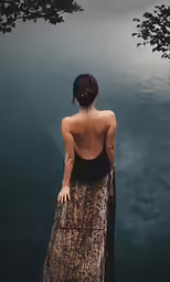 a woman in a black top sitting by the water