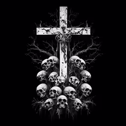 the cross is on a black background with skulls