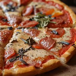 a close - up photo of a pizza with tomatoes and herbs