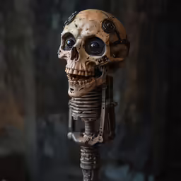 a mechanical skeleton with two eyes sitting in front of a gray wall
