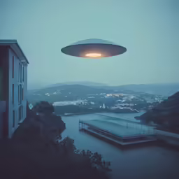a floating object hovering over some buildings