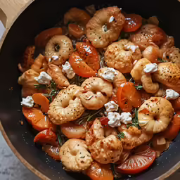 a cooked dish in a metal bowl with toppings