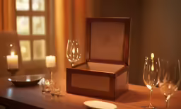 a small wooden box sitting on top of a table filled with empty glasses