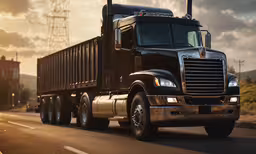 the cab of a large transport truck is going down the street,a large black semi truck driving down a highway