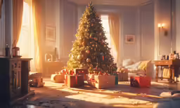 christmas tree in living room with presents under it