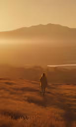 a man walking across a lush green field