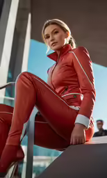 a woman sitting on top of a concrete pillar