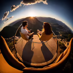 two people sit on chairs with the sun setting in the background