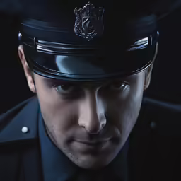 a male in uniform standing against a dark background