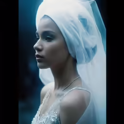 a bride in white veil in a darkened photo