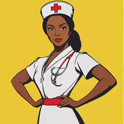 a woman in nurse clothes stands with her hands on her hips