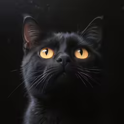 black cat with orange eyes looks directly into the camera