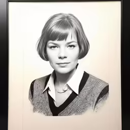 a black and white picture of a woman with short hair