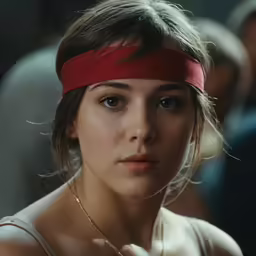 a woman with a red headband looks intently ahead
