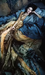 a woman laying on a bed covered in blankets