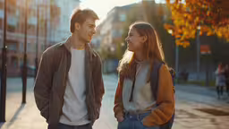 a young couple walking down a city sidewalk,the young man and woman are smiling at each other
