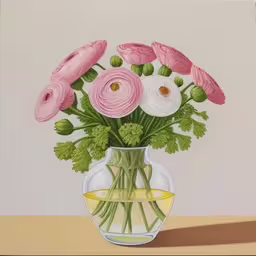 a drawing of flowers and a glass of beer,there is a vase of flowers in the painting,a painting of pink and white flowers in a vase,an oil painting of an arrangement of flowers in a glass vase,an oil painting of flowers in a vase filled with oil