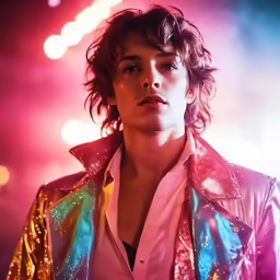 a woman in a colorful outfit standing next to a bright light