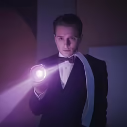 the man is wearing a tuxedo and holding his light