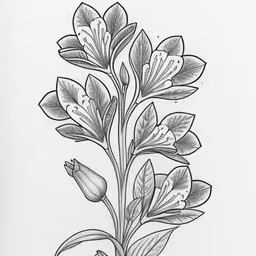 black and white drawing of flowers on paper,an art work depicts the branches and leaves of flowers,a drawing of a flower on white paper,the drawing shows a bunch of flowers on a long stem,a drawing of a large flower on paper