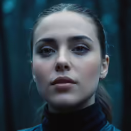 a woman with a ponytail is looking at the camera