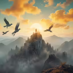 a painting with several birds flying around in a scenic setting