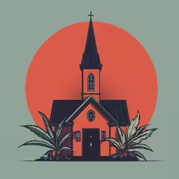 a church sits under a red sky with an orange moon behind it